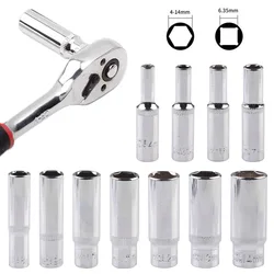 1PC 1/4 Hex Socket Set Adapter Long Sockets 4-14mm Deep Socket Heads Ratchet Tool Torque Spanner Ratchet Socket Wrench