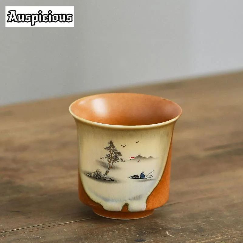 120ml Antique Soda Galze Ceramic Teacup Retro Ink River Fishing Master Cup Japanese Coarse Pottery Large Mug Kung Fu Teaset Gift