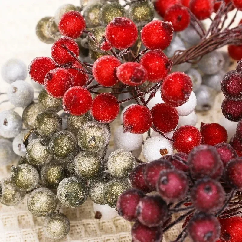 Mini Artificial Frosted Berry Stamen Christmas Double Head Holly Berries Fake Flowers Bouquets DIY Wreath Xmas Party Decoration