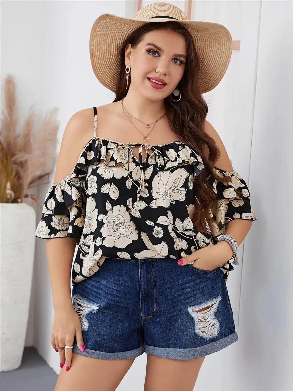 여성 여름 만화 프린트 쉬폰 빅 사이즈 원숄더 탑 플러스 사이즈 패셔너블 여성 여름 의류