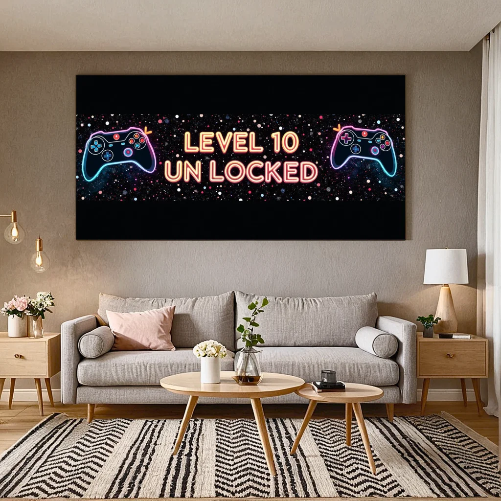 Neon Gaming Controller Themed Backdrop Banner with Level 10 Unlocked Text Gaming Party Decorations Photography Backdrops Decor