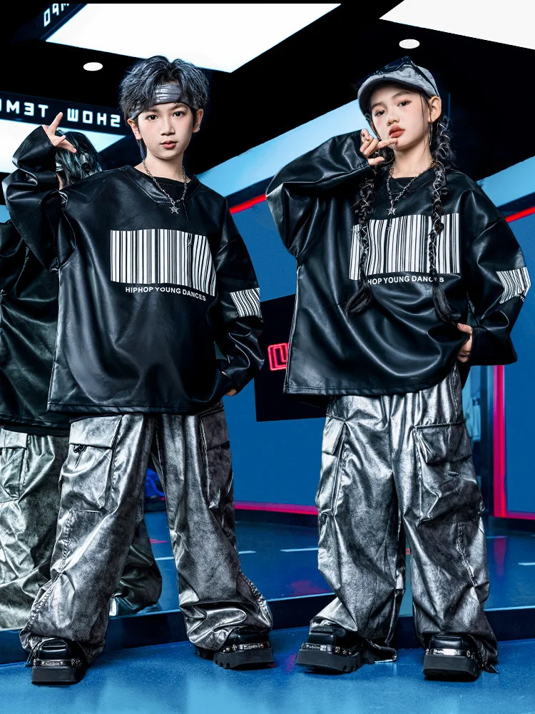 Ropa de Hip Hop Kpop para chico, sudadera de piel sintética negra, pantalones Cargo de paracaídas con tinte plateado para niña y niño, trajes de baile, ropa