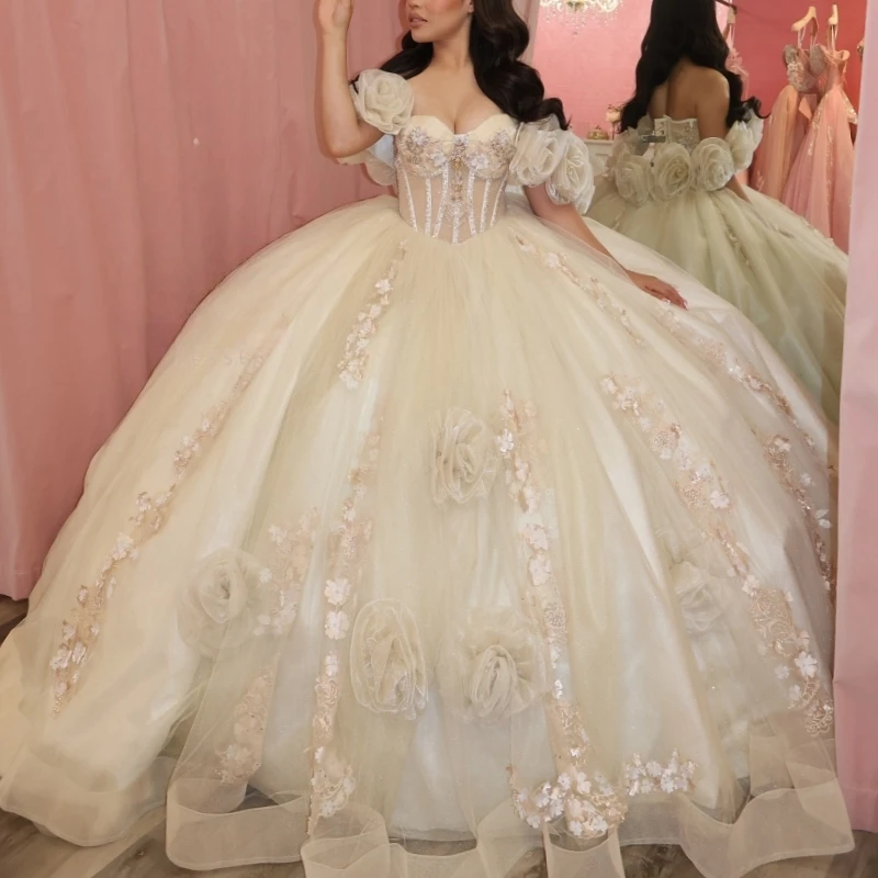 

Champagne Shiny Quinceanera Dresses Ball Gown Off The Shoulder Applique Flower Beading Tull Corset Party Birthday Sweet 16 Dress