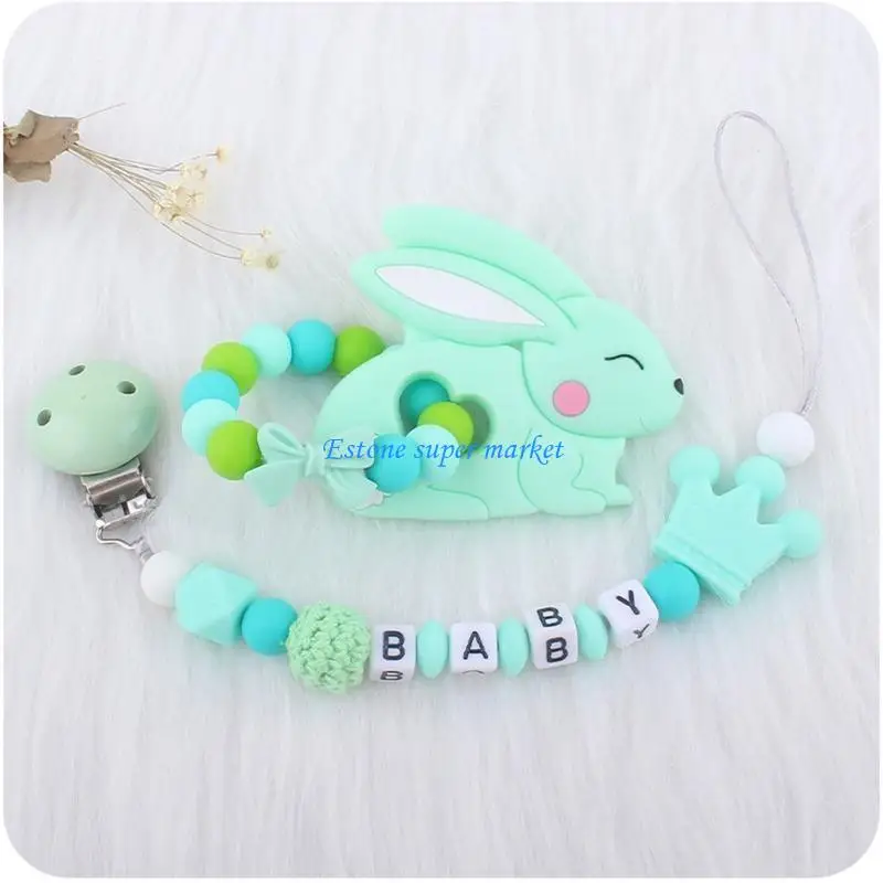 090B Baby Pacifier Clip Chain with Silicone Cartoon Rabbit Teether Set Chewable Beads Soother Nipple Holder Baby Rattle Teething