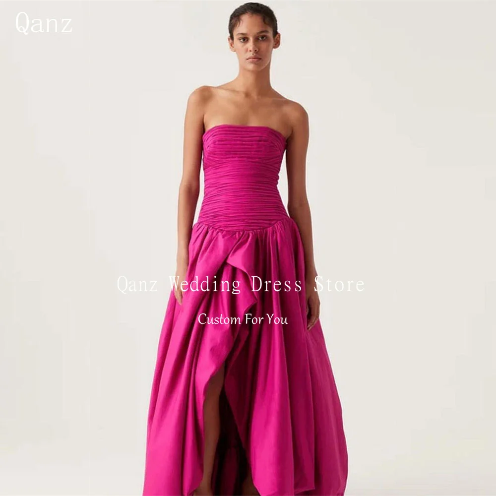 Qanz Fuchsia Evening Dresses Taffeta Strapless High Slit Formal Occasion Dresses Vestidos De Fiestas Elegantes Muje Customized