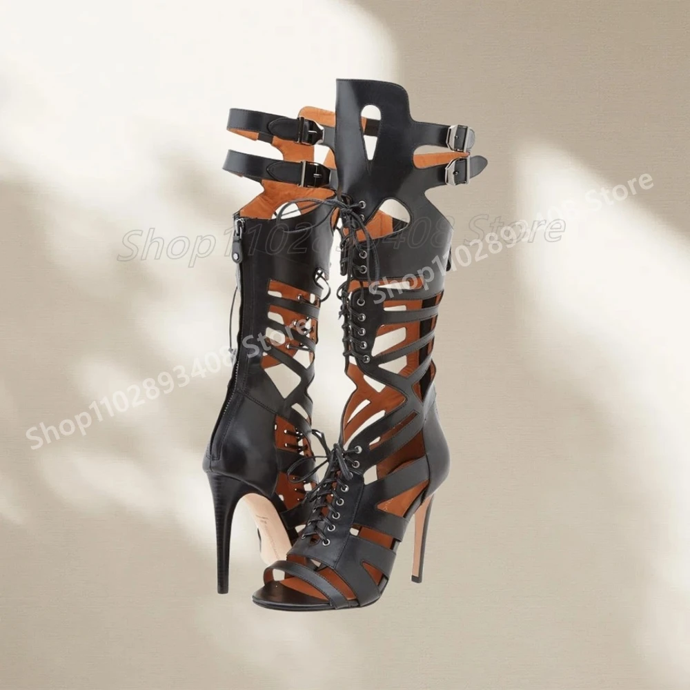 Hollow Strappy Rivets Decor Sandal Boots Open Toe Matte Hot Girls Stiletto High Heel Fashion 2025 Women Shoes Summer Para Mujere