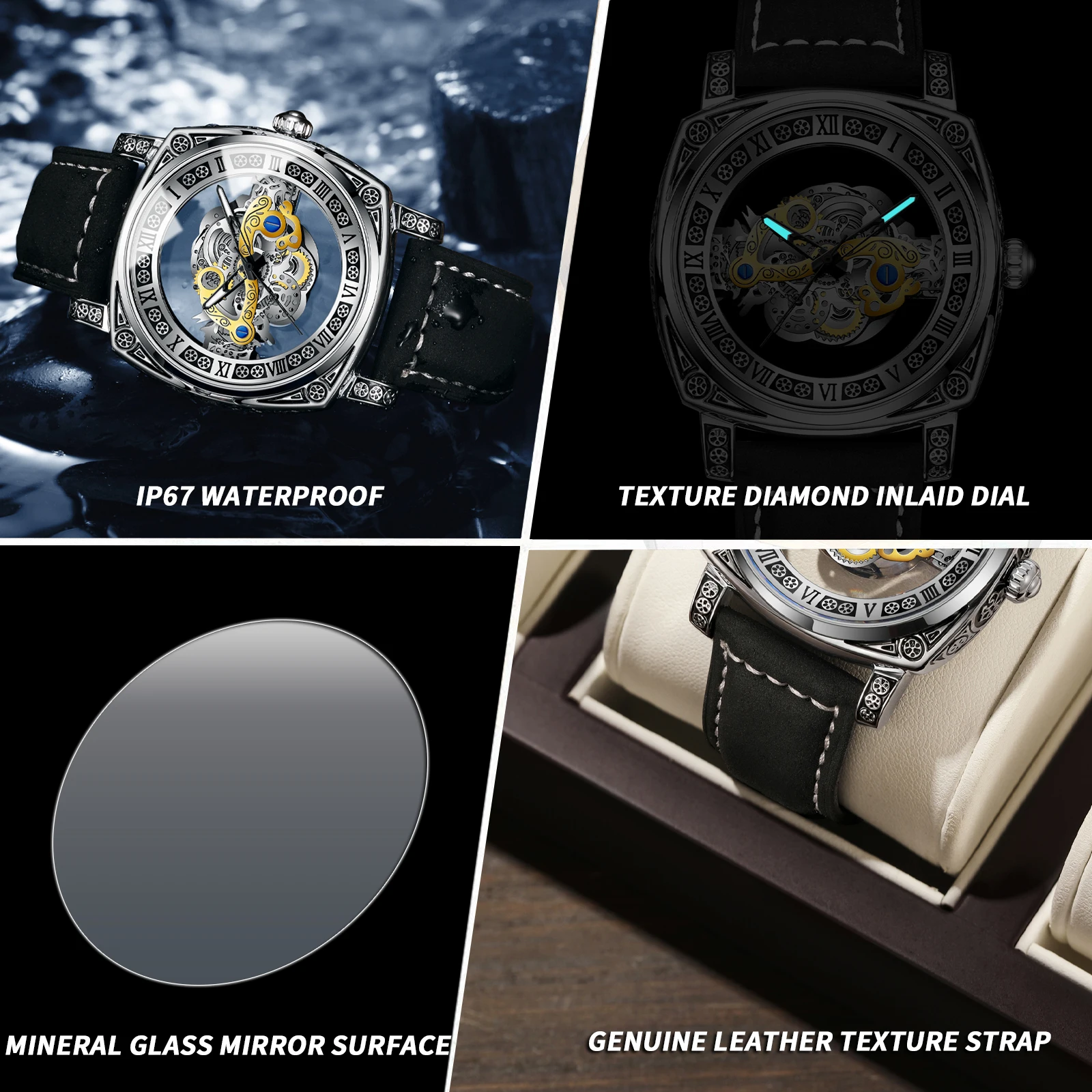 BINBOND New Men Watch Skeleton Quartz Wristwatch Hollow Skeleton Retro Man Clock Top Brand Luxury Clock Men Watches Reloj Hombre