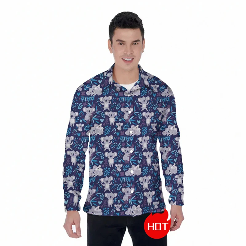 Men Casual Long Sleeved Shirt Cute Koala Print Spring And Autumn Men's Outdoor Fashion Trend Comfortable Female Lapel Blouse Top