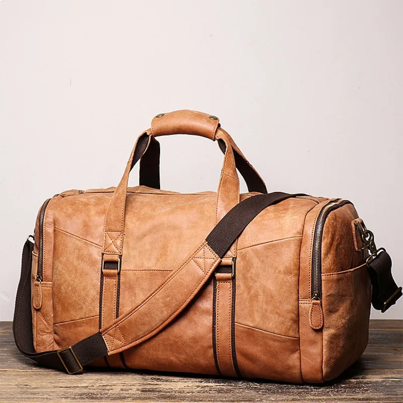 Vintage Genuine Leather Men's Travel Duffle Bag, Large Capacity Handbag Shoulder Crossbody Bag for Women