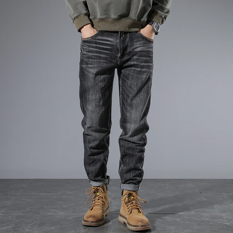 High-end smoky gray hole men's straight jeans American heavy wash frayed tapered small leg pants