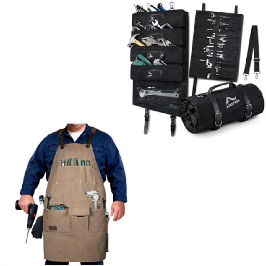 

Black Waxed Canvas Roll Up Tool Bag and Canvas Woodworking Apron