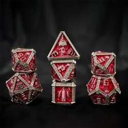 7Pz Dadi di Metallo per Gioco di Ruolo Giochi da Tavolo Accessori Poliedrico Solido Mold Wizard Serie Oro Antico Rosso