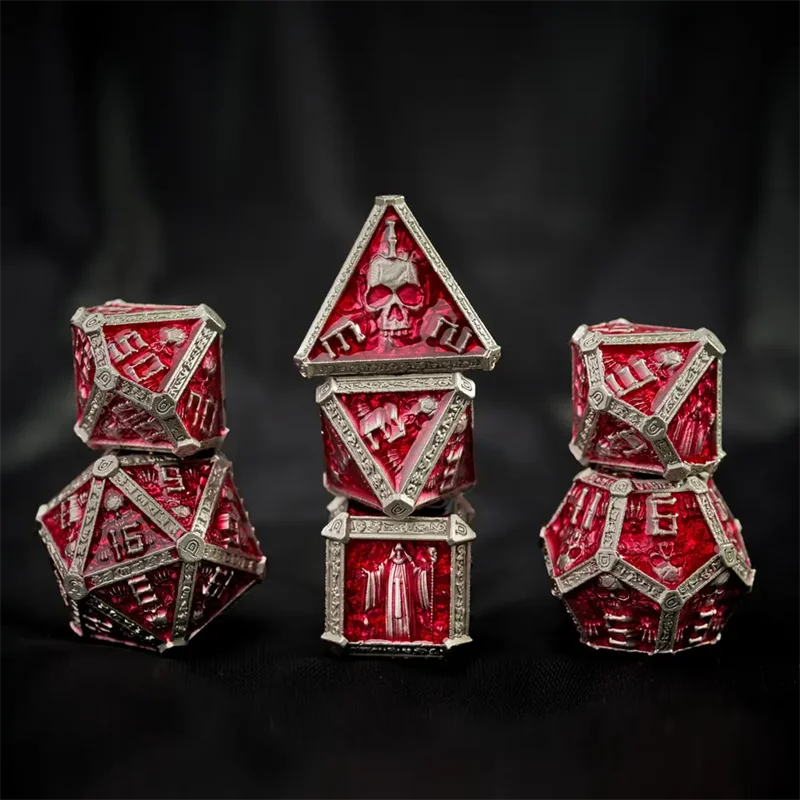 7ks Metalowe kości do gry ról Zabawki stołowe Akcesoria Polihedral Solid Mold Wizard Series Starożytne złoto czerwone