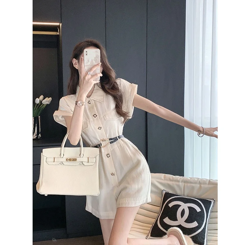 

Ele White Small Fraance Sle One-Piece Summer Faion Women's High Waist ort Dr Pants Slimming Belted Suit