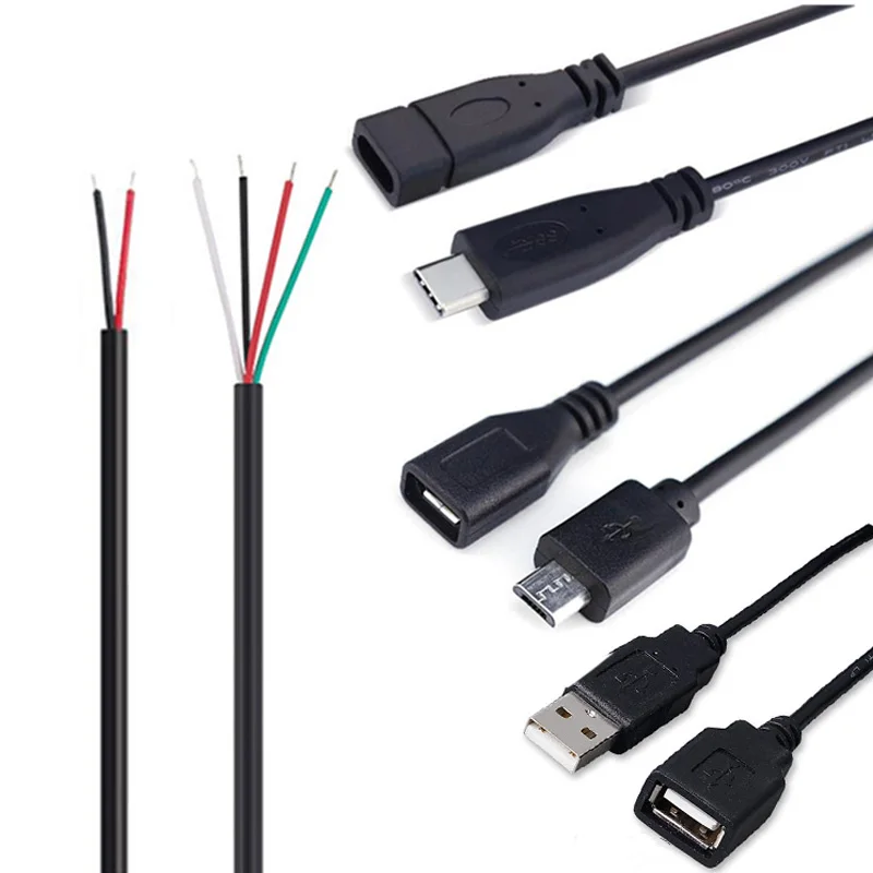 Male to Female 2-pin 4-pin Line Micro USB 2.0 Type-C Charger Wire Connector Power Supply Extension Cable Q1