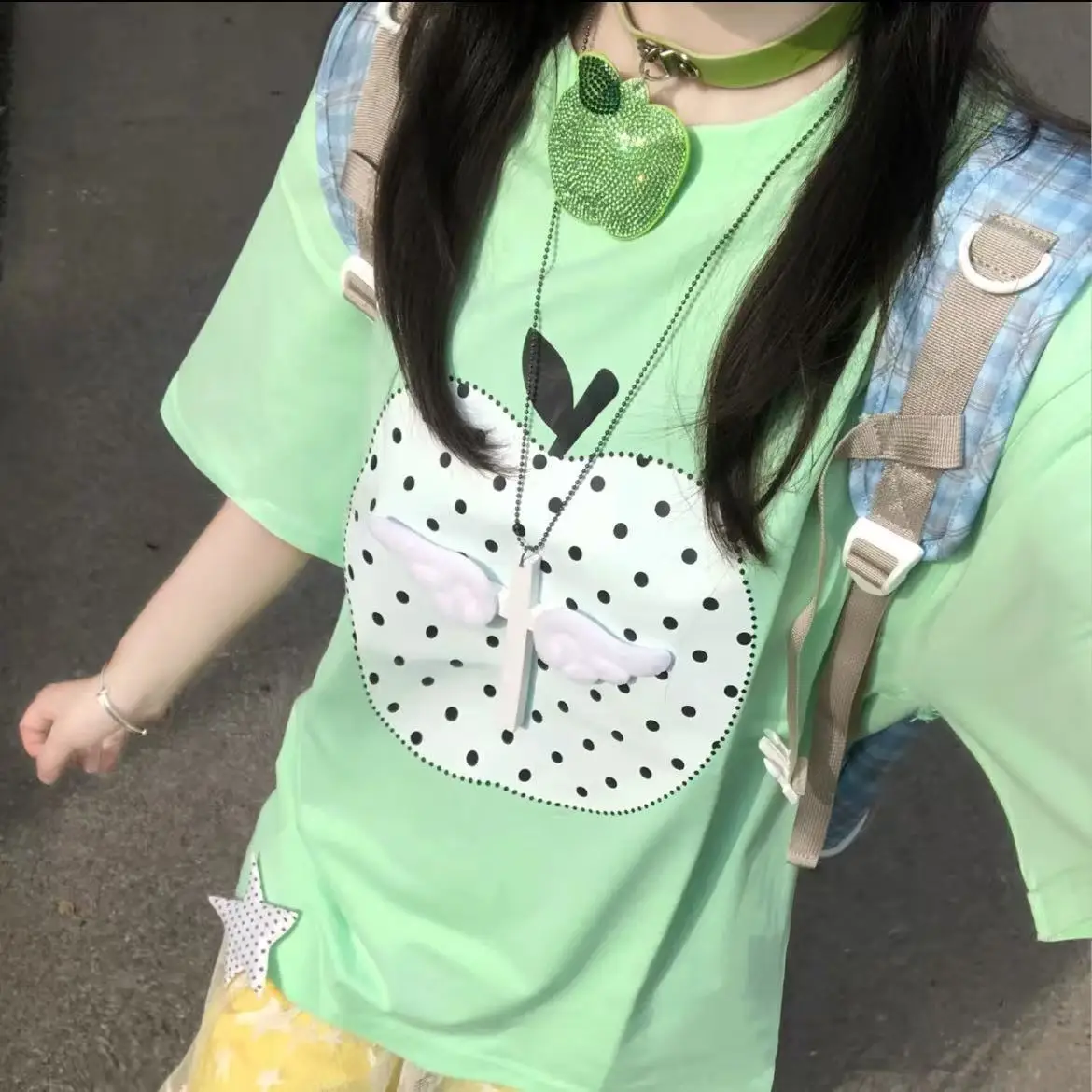 Korean Fashion 2026 Dopamine Korean Polka Dot Print Short Sleeved T-shirt Women Ins Summer Loose Green Top