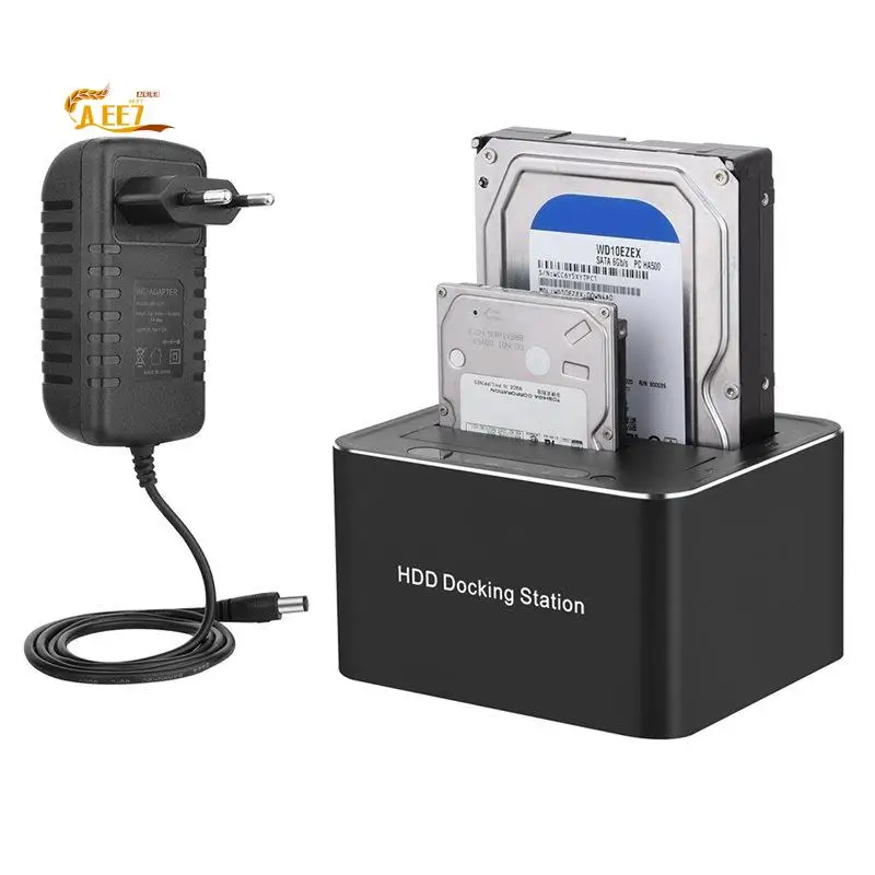 AEE7-SATA To USB3.0 Dual Bay External Hard Drive Docking Station 5Gbps For 2.5/3.5Inch SSD HDD Fast Offline Clone EU Plug