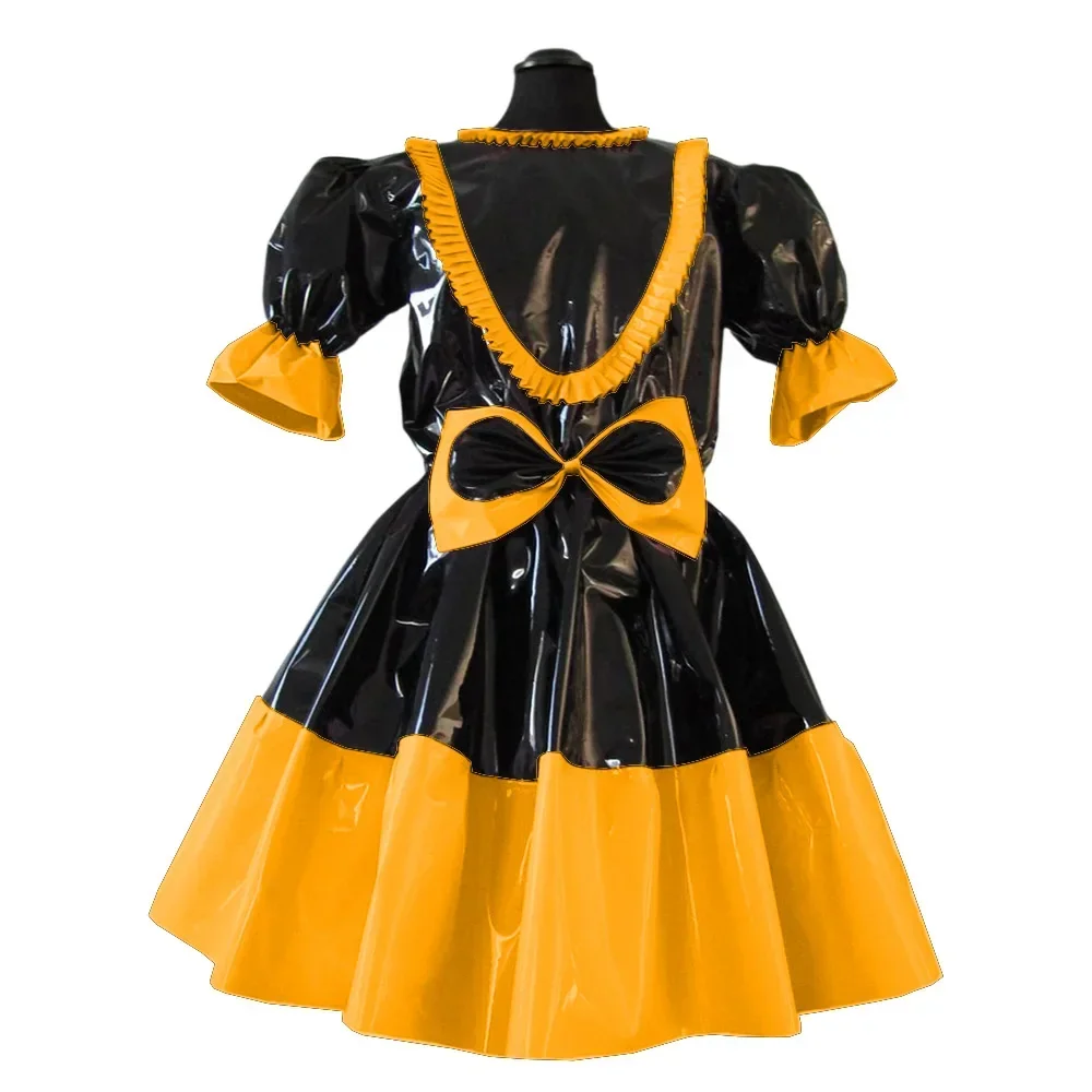 French Puff Sleeve Patchwork Pleated Dress, Lolita Uniforms with Big Bow, Glossy PVC, Fancy Princess Dress, Round Neck