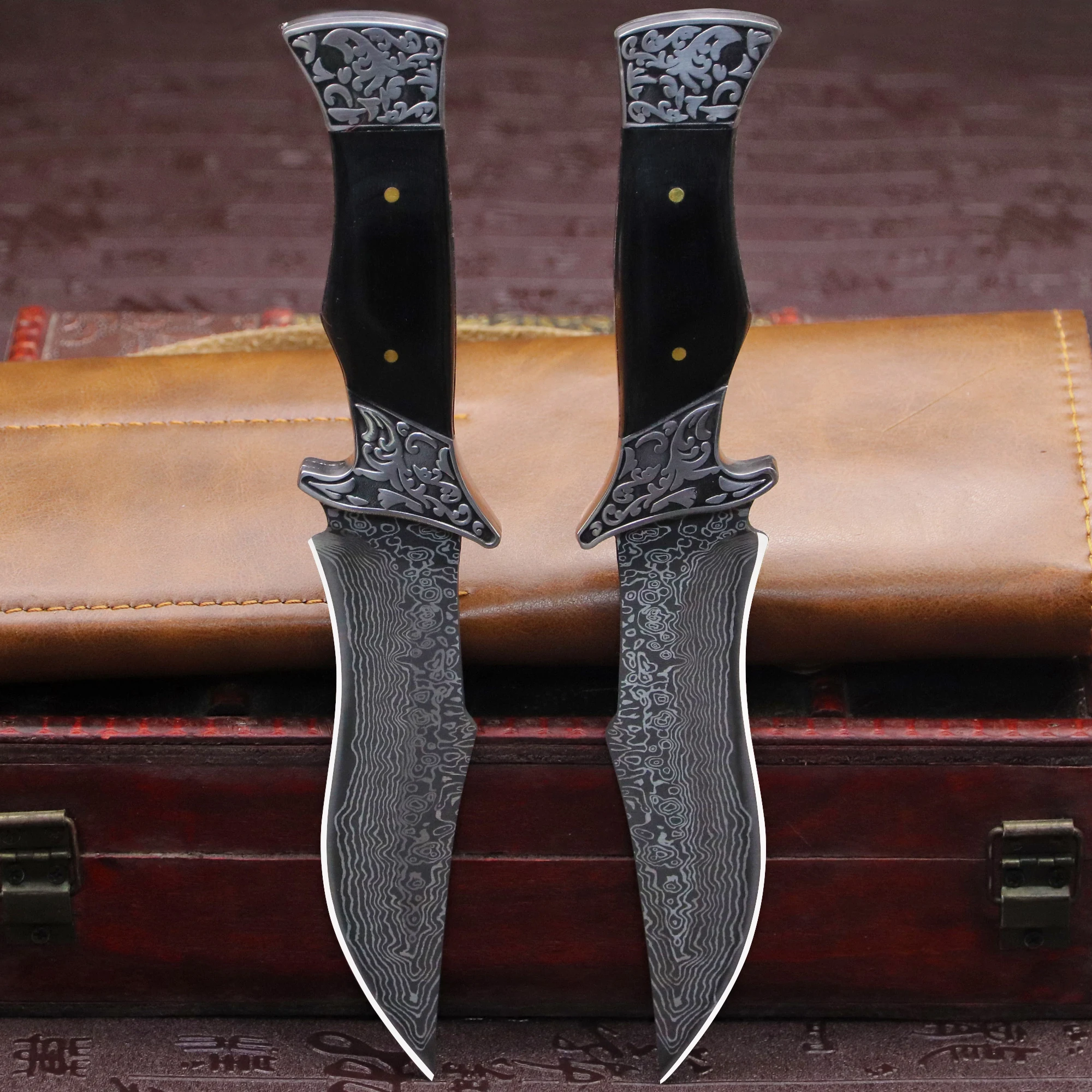 (U.S.A) Damascus Steel Pattern All Tang Hunting Knife, Jungle Survival Knife, EDC Outdoor Camping Knife, outdoor knife