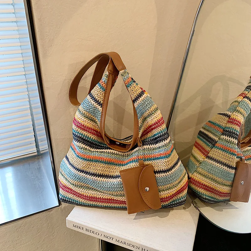 

Summer Large Capacity Rainbow Straw Woven Bag Women New Commuter Shoulder Tote Bags Stripe Travel Shopping Wallet Handbag