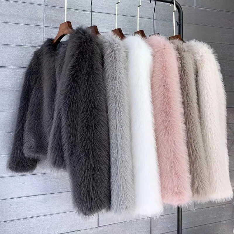 

Black O-neck Short Faux Fur Jacket Solid Women‘s Faux Fox Furry Jackets Fluffy Warm Casual Plush Coats Thick Outerwears Luxury