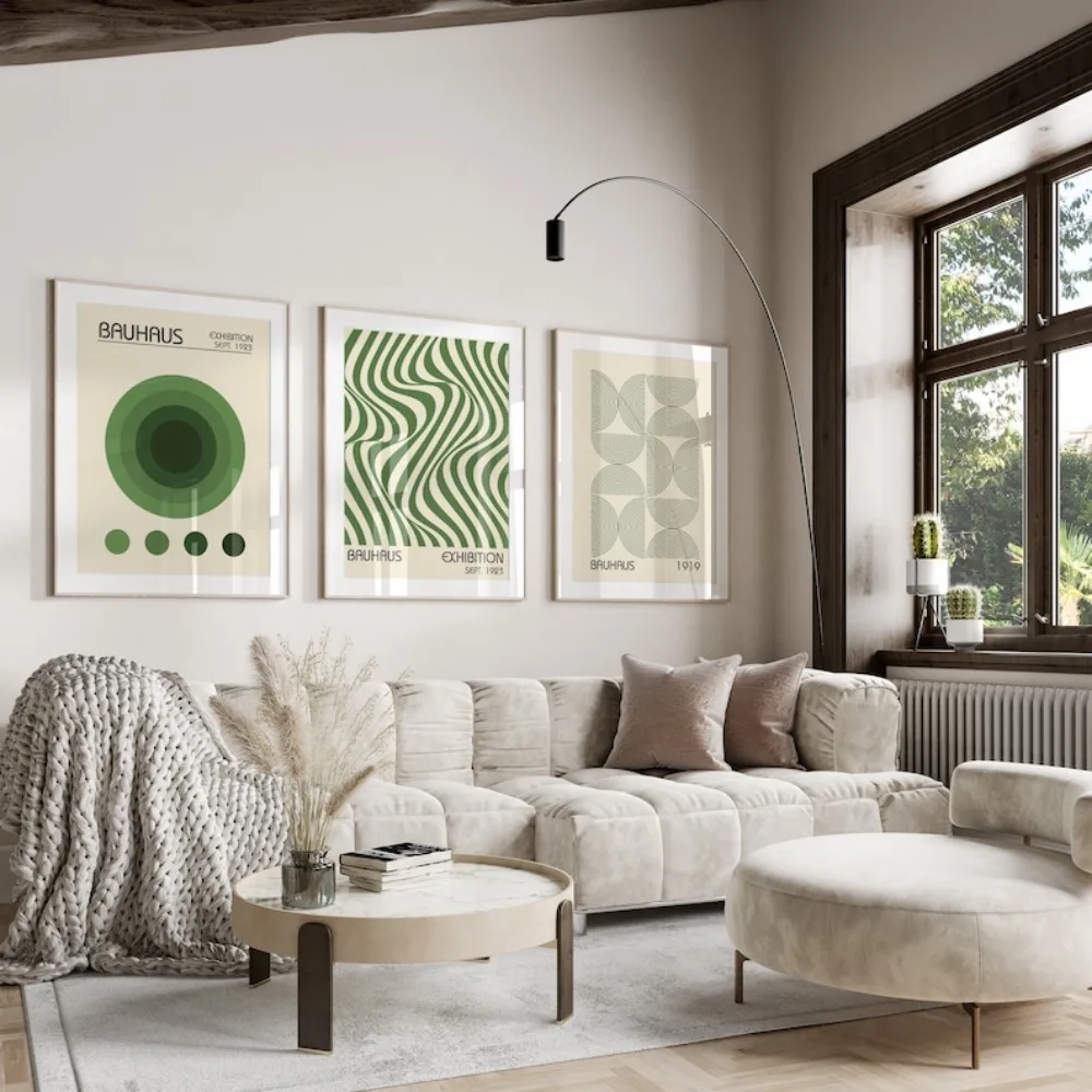3 قطع من فن باوهاوس الأخضر بدون إطار، طباعة ريترو بسيطة، مجموعة ملصقات معرض باوهاوس، ديكور جدار هندسي حديث #3