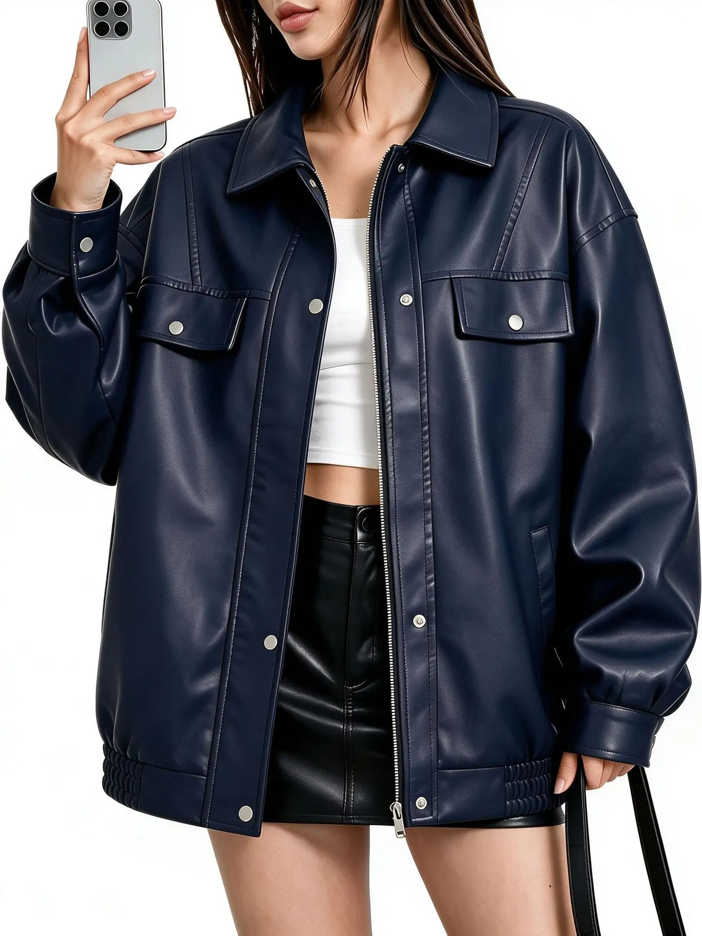 Women's European Size PU Leather Jacket Short Slim Fit Spring Autumn Thin Style Motorcycle Suit Standing Collar Fashionable Coat 6