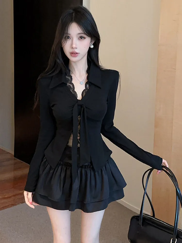 Sexy Lace Trim Belted Waist Long Sleeve Top High Waist Puffy Half Skirt Set for Young Women Autumn Spring Casual Wear