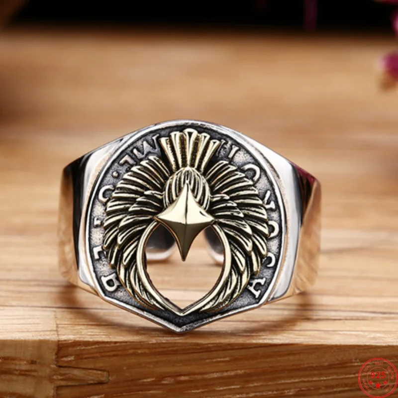 

Genuine S925 Sterling Silver Rings for Men New Fashion Relief Flying Eagle Pattern Wide Ancient Punk Jewelry Free Shipping