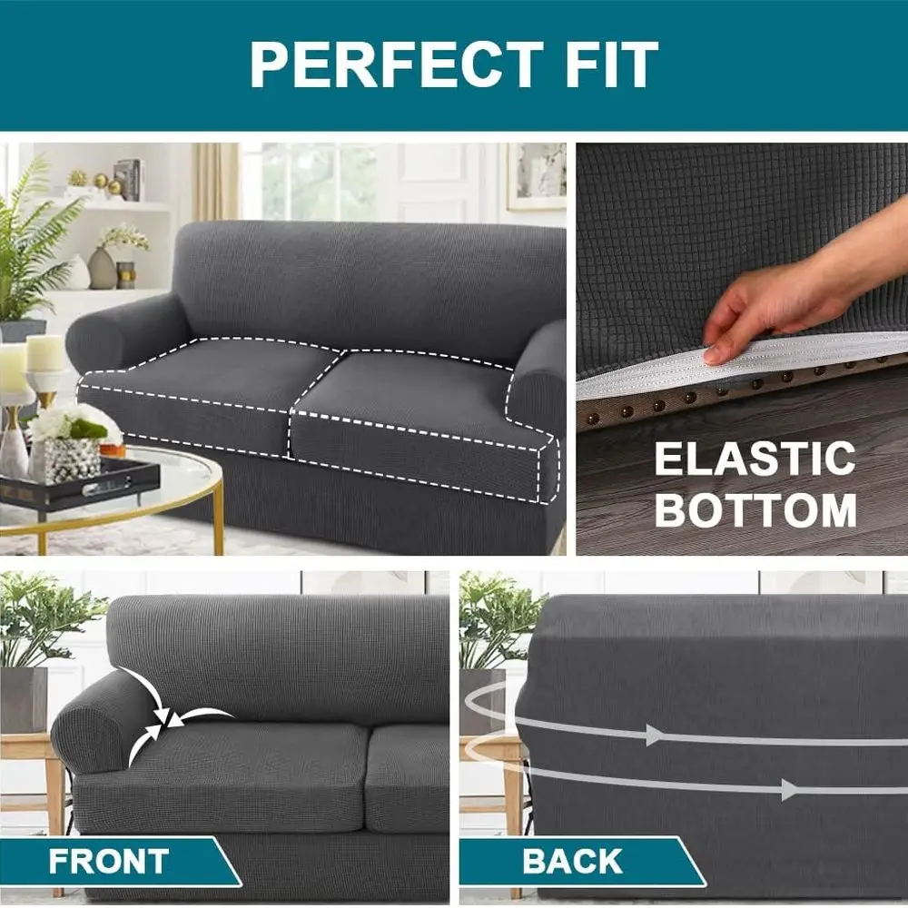 Gray 3-Piece Stretch Sofa Slipcover Set with T-Cushion Covers, Machine Washable for 2-Cushion Sofa