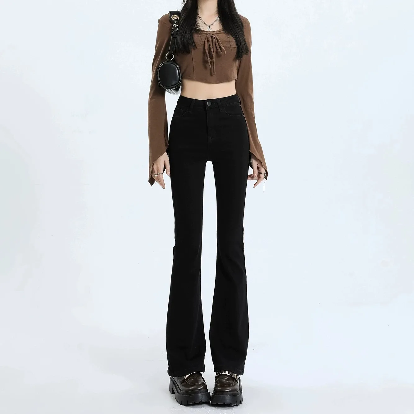 

High Waist Bell Bot Jeans Women's Nine Point Spring 2024 New Sle Slimming Bla Drapey Floor Length Micro Flare Pants