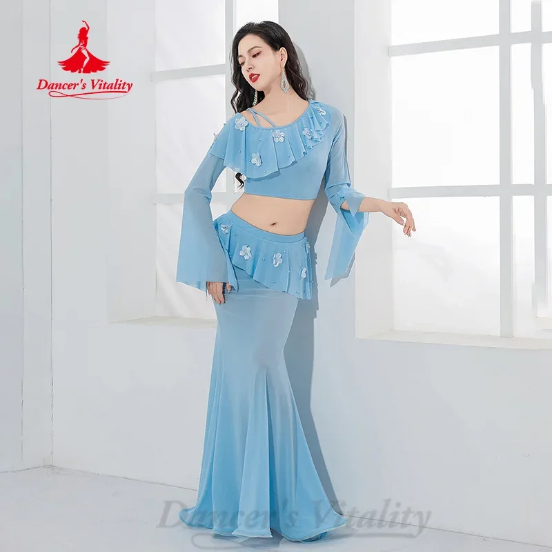 Stroje do tańca brzucha, siateczkowa bluzka z długim rękawem + seksowna spódnica typu rybka, 2-częściowy zestaw, odzież do orientalnego tańca dla dorosłych kobiet