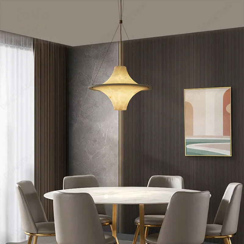 French Vintage Cream Style Faux Marble Pendant Lamp White Brass Dimmable Ceilings Lustre for Hotel Restaurant Bar