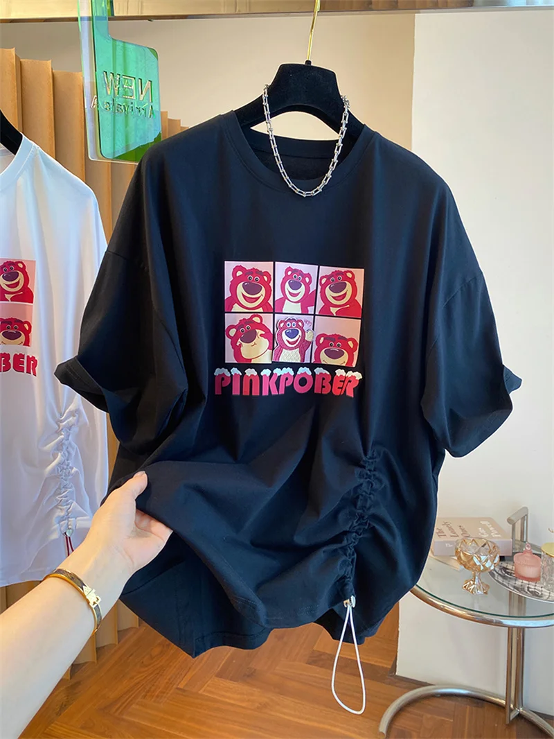 Extra Large 300 Pounds Strawberry Bear Patchwork Print Casual Loose Women's T-shirt Drawstring Summer Fashion Slimming Trend