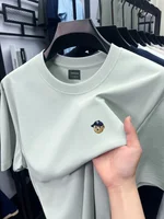 Camiseta de manga corta de color sólido de alta gama algodón de seda helada transpirable marca de moda, estampado de oso novedad de verano top de cuello redondo para hombre