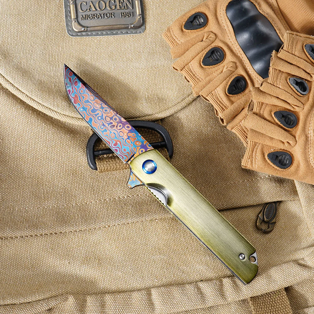 

High-Hardness Folding Pocket Knife Blue Damascus Knife Aluminum Alloy Handle Outdoor Portable Hunting Carrying Knives EDC Tool
