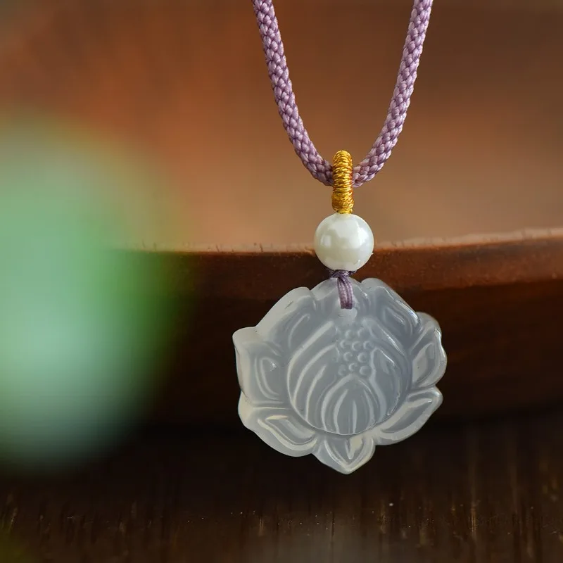 High Ice Chalcedony Lotus Pendant, Good Luck Pendant for Men and Women