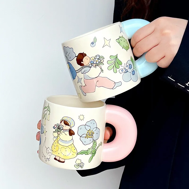 

Японский деревенский стиль, цветочная доставка, керамическая чашка для мальчика, мультяшный стиль пары, цветочная кофейная чашка, милая кружка высокой красоты