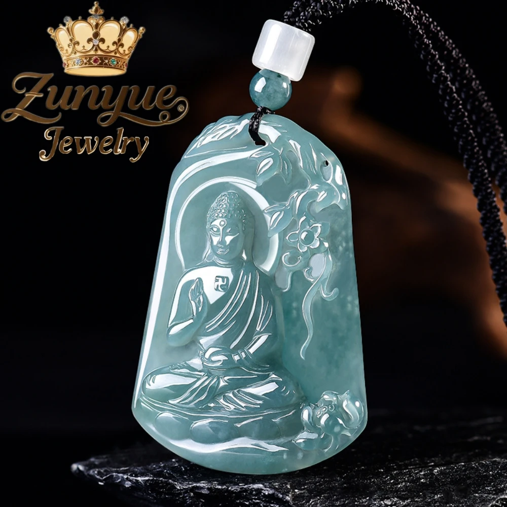 Natural Grade A Blue Water Jadeite Vairocana Buddha Pendant Zodiac Sheep Monkey Patron Saint Jade Necklace High-end Jewelry Gift