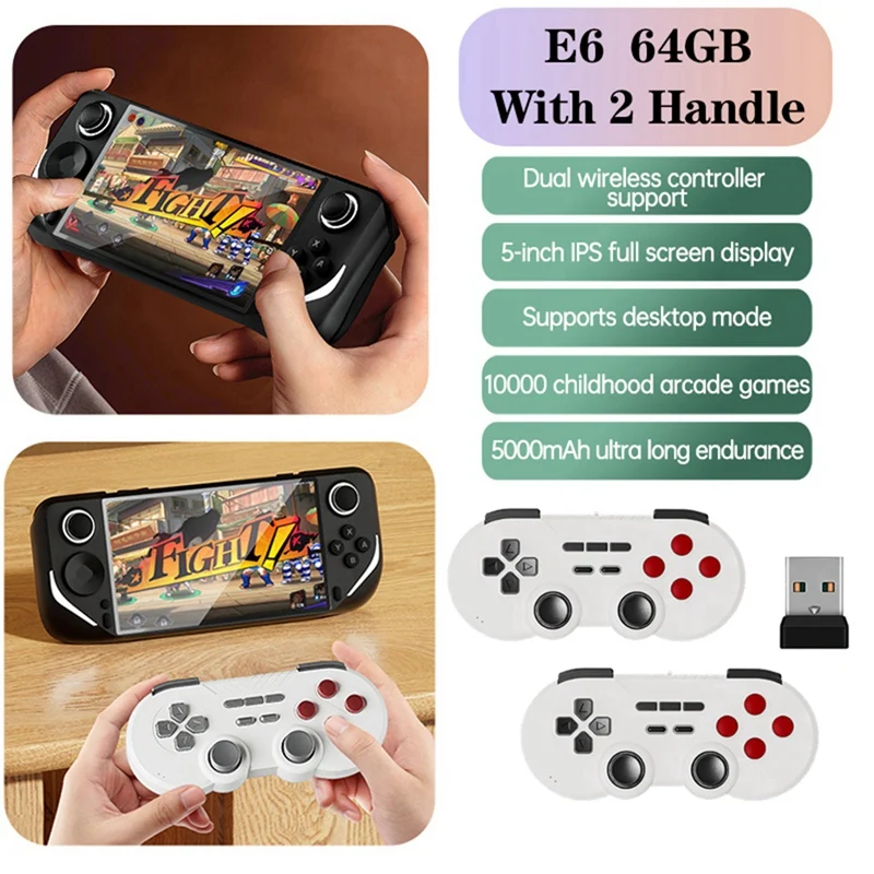 E6 Handheld Game Console 64GB 10000+Games 5 Inch With Dual 2.4G Wireless Controller Support For GBA GBC PSP PS1 N64