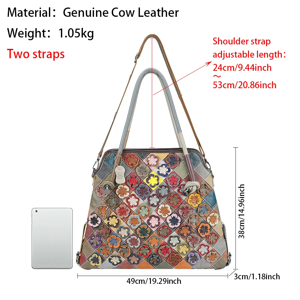 Royal Bagger Floral Genuine Leather Tote Bag, Large Capacity Color Stitching Plaid Crossbody Bags, Satchel Purse for Women 1890