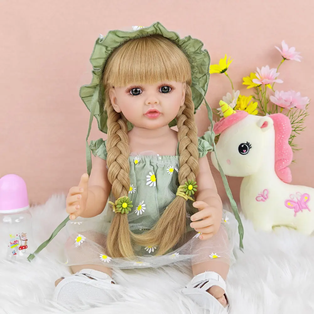1pcs 55cm Realistic Reborn Baby Doll Soft Vinyl Body Long Blonde Hair Simulation Dolls Girl Toddler Companion Toy Festival Gift