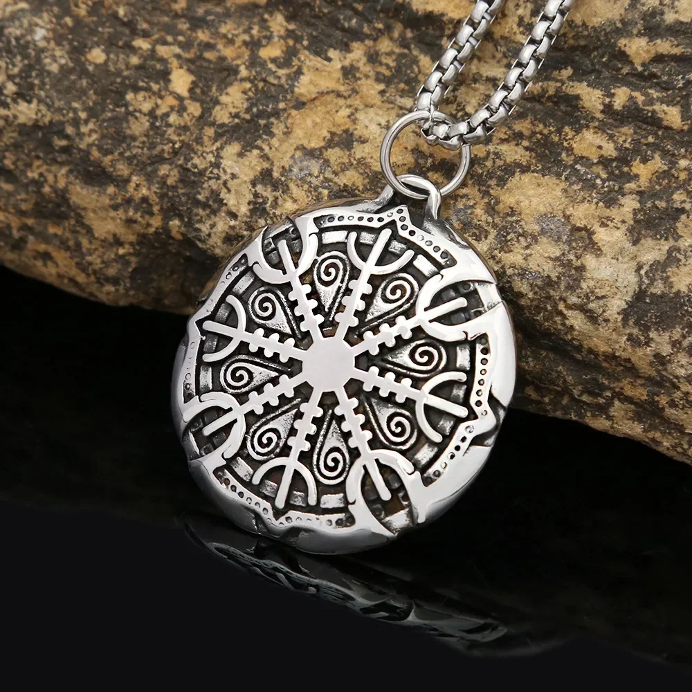Vintage Nordic Awe Helmet Rune Totem Pendant Necklace Stainless Steel Punk Universal Fashion Jewelry Daily Street Halloween Gift