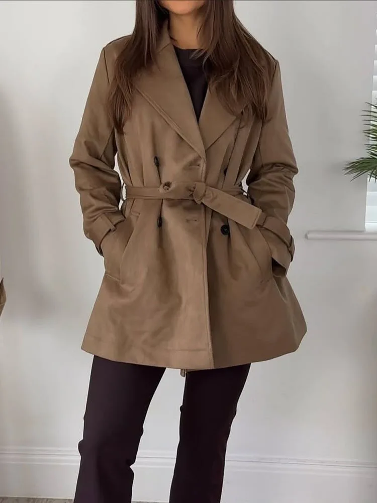 HH Woman Autumn Fashion Lapel Double-Breasted Pocket Decorate Overcoat Women Faux Leather Windcoat Street Style Casual Coat