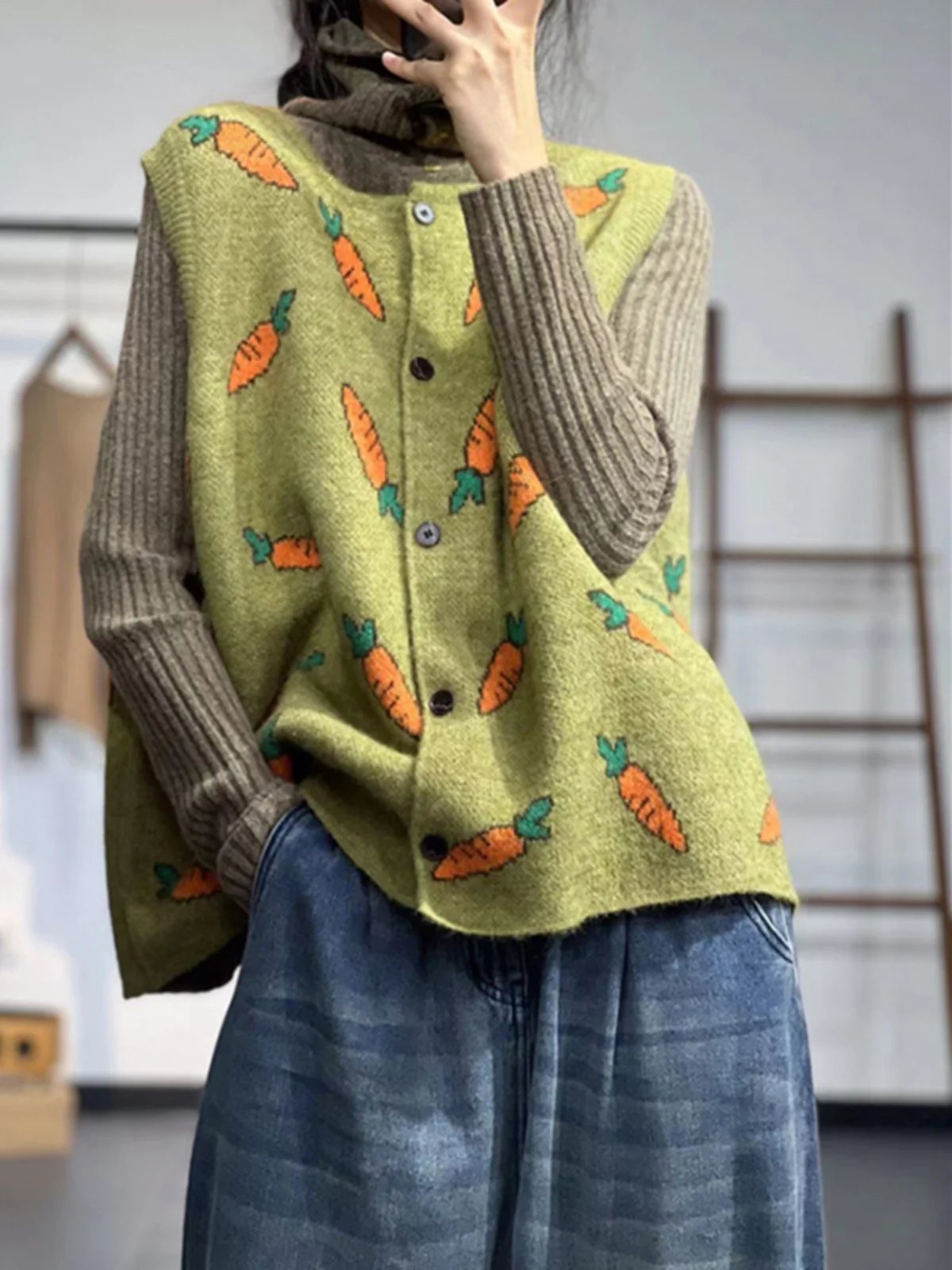 

Women's round Ne Knitted Sweater Vest Autumn Winter Loose Artistic Floral Pattern Svel Open Cardigan Vest