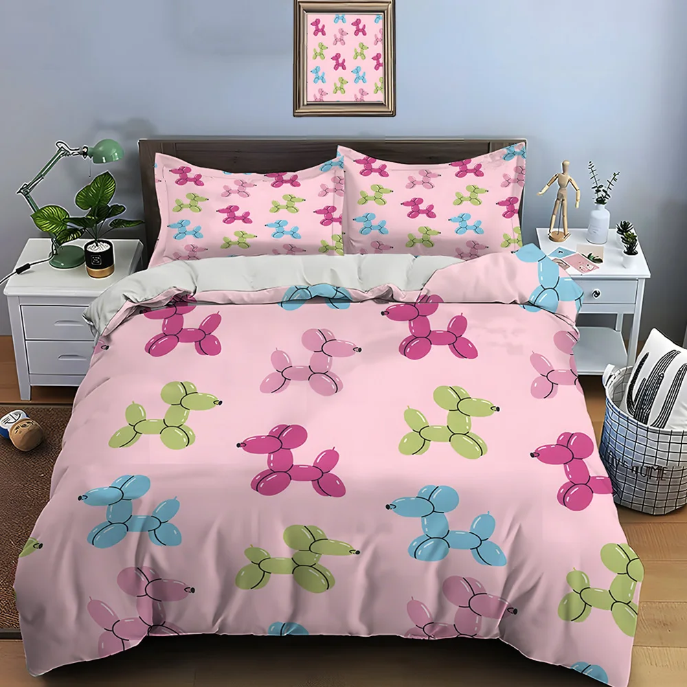 Balloon dogs pattern pink background Bedding Set for Kids Luxury Gift 3pcs Digital Print Comforter Set Soft Comfortable