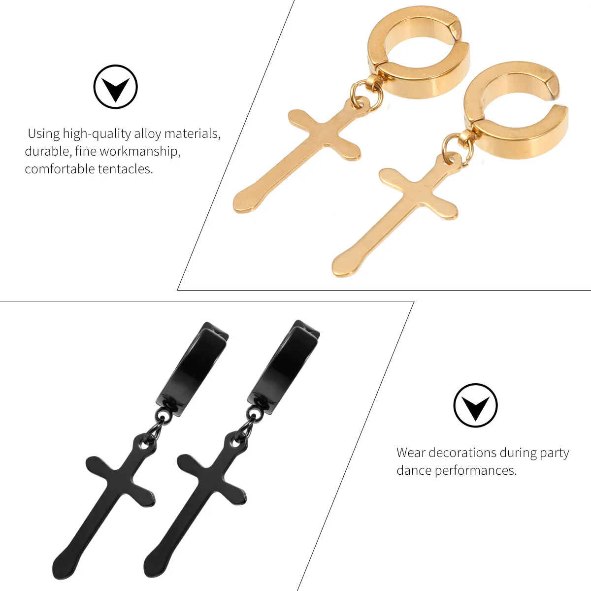3 Pairs Cross Dangler Ear Clips – Hypoallergenic Alloy Earrings for Daily Wear, Dancing & All Occasions