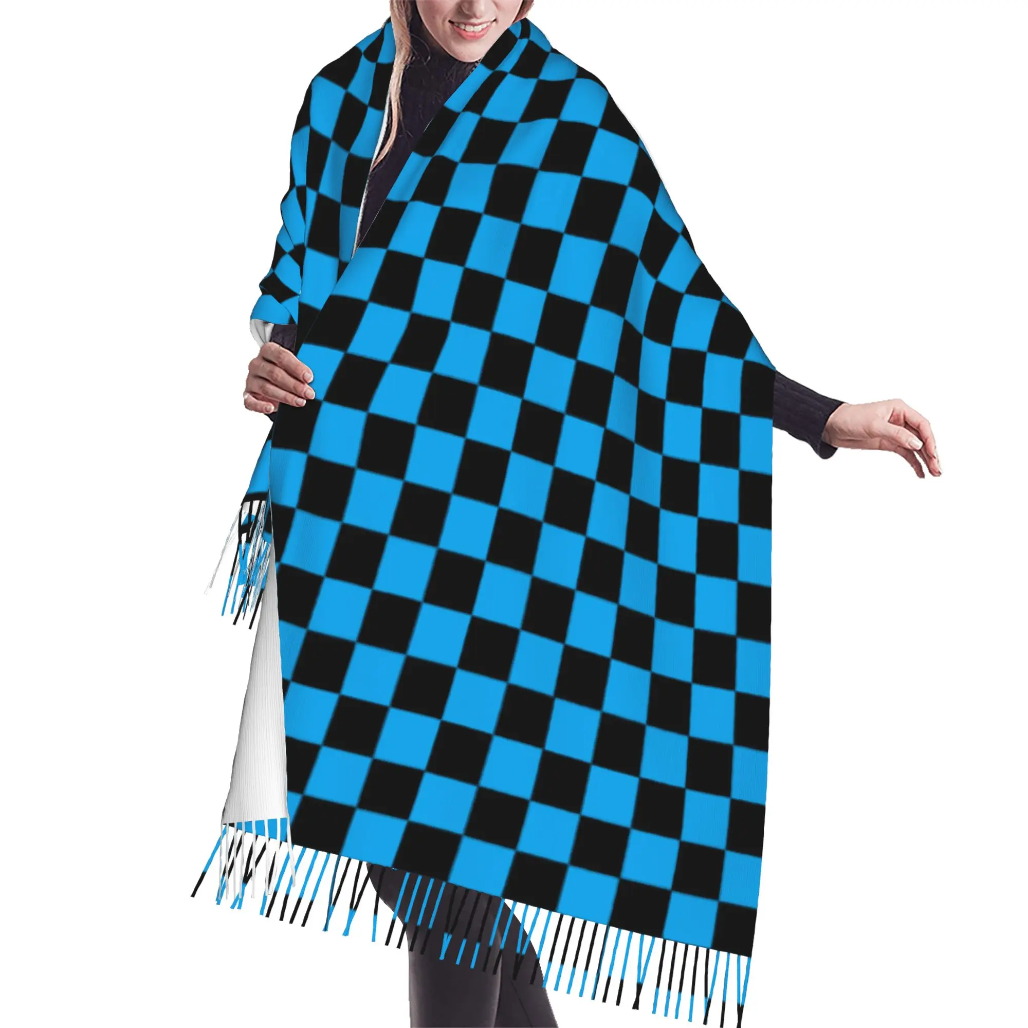 Personalized Printed Checkered Black and Turquoise Scarf  Men Women Winter Fall Warm Scarves  Shawls Wraps