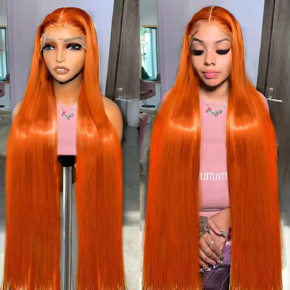 

30 Inch Ginger Orange Human Hair Wig 13X4 Lace Front Wigs 200% Density 350 Colored Straight HD Transparent Lace Frontal Wigs