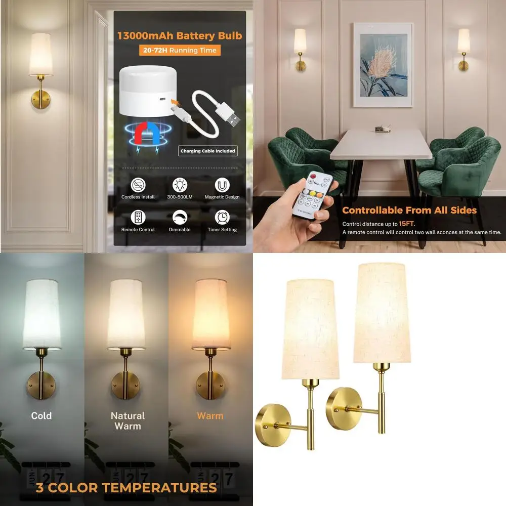 

Набор из 2 настенных бра с батарейным питанием, перезаряжаемых на 13000 мАч, золотых для спальни.